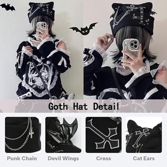 Goth Decorated Hat‎ Beanie Punk Cat Ear Y2k Grunge Brand New !! main image 4